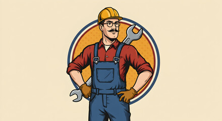 Confident Construction Worker with Wrench in Retro Style Design