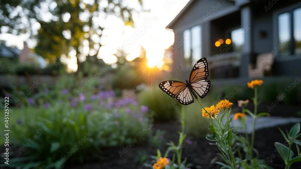 Leinwandbilder close-up of a butterfly on a flower in a garden with a house in the background at sunset. the sun's 