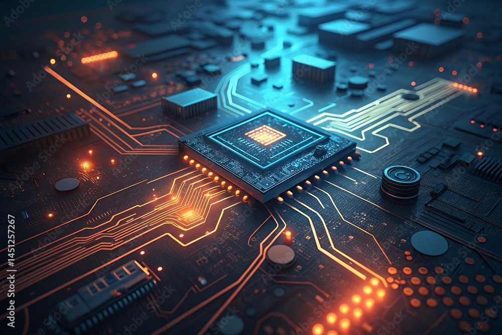 Poster close-up abstract view of a circuit board's microchip