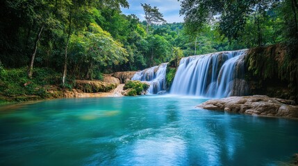 Fototapeta premium Serene Waterfall in Lush Tropical Paradise