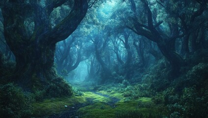 Enchanted Forest Path: A Mystical Journey Through a Blue-Hued Woodland