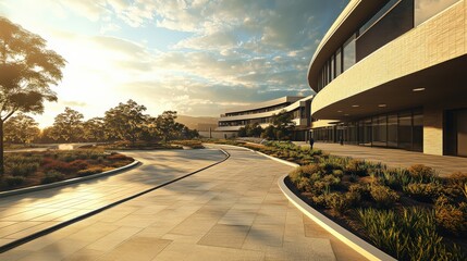 Fototapeta premium Modern architectural design featuring a winding pathway with lush greenery under a vibrant sky