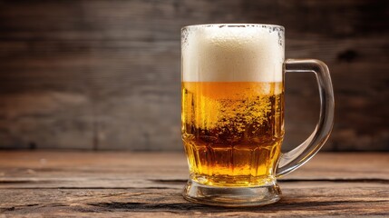 Cold foamy beer in a clear mug on rustic wooden table with warm lighting, perfect for pub menus, beverage ads, or Oktoberfest-themed promotions