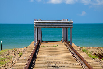 Railway track termination point, or dead end, at Talaimannar, Sri Lanka. Ending at the edge of the...