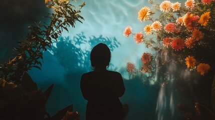 Silhouette Amidst Vibrant Aquatic Blooms