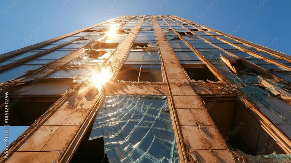 Poster Low angle view of a tall building with broken windows and sun shining through. The building has a brown exterior, with fractured glass and blue sky