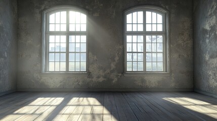 Empty Room Sunlight Grunge Walls Wooden Floor Old Windows gray home loft aged pane dark space house 
