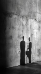 Obraz premium Humanoid shadows on dystopian walls with monochromatic lighting and space on right