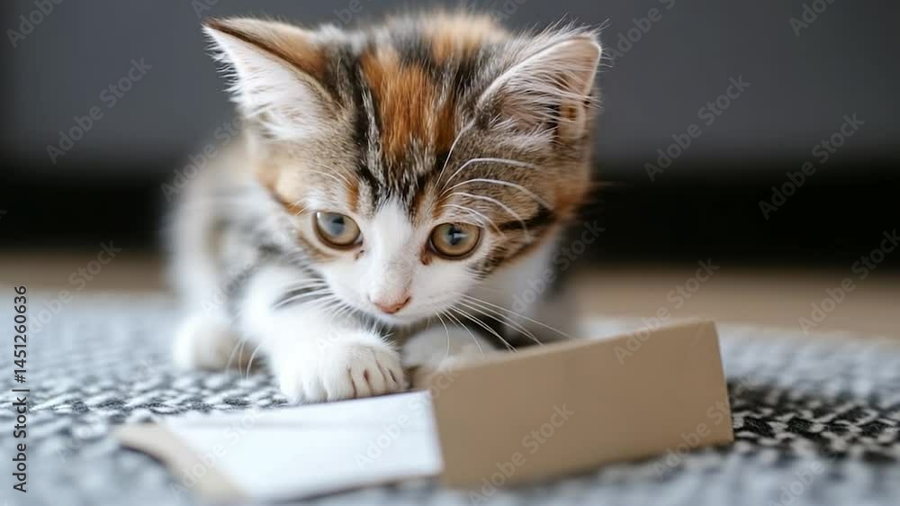 Aufkleber Playful kitten looking curiously at a blank card resting on a textured rug soft focus and shallow depth of field. Cozy scene with neutral colors