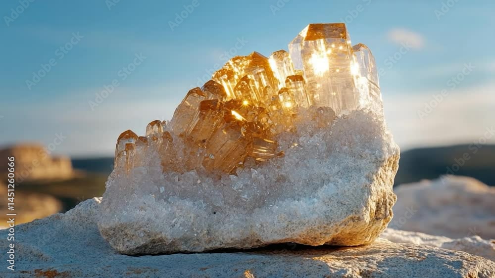 Aufkleber close-up of a quartz crystal cluster featuring golden and transparent formations set against a blurr
