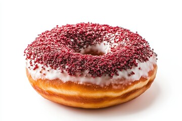 Delicious red velvet donut topped with cream icing and sprinkles on a white background