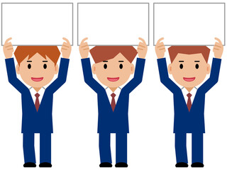 ボードを掲げる紺色スーツの若い男性