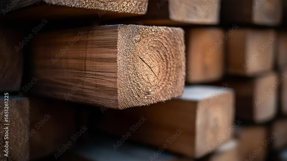 Leinwandbilder Close-up of stacked wooden beams showing textures and patterns. Warm brown tones and natural grain details create a sense of rustic appeal. Selective focus highlights the front beam with others