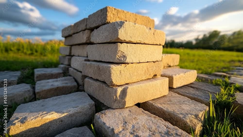 Aufkleber stone bricks stacked in a neat arrangement against a background of green grass and a cloudy blue sky