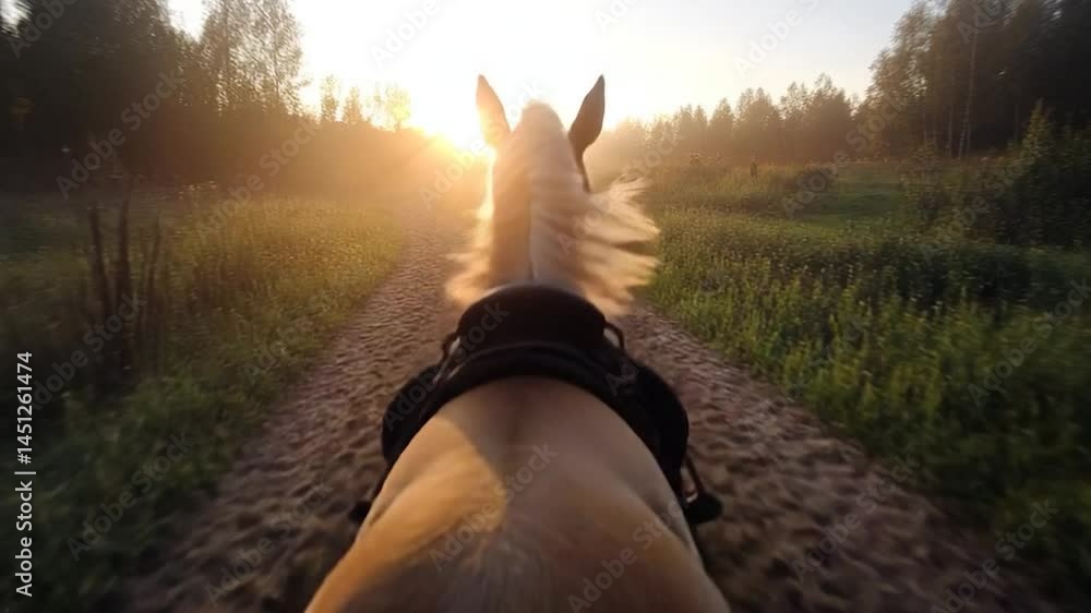 Poster horseback riding at dawn. a path through a field with sun rays. horse with a saddle in perspective w