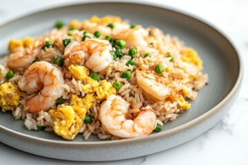 Delicious shrimp fried rice with eggs and peas served on a grey plate against a marble background