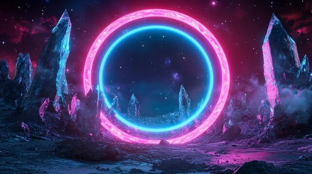 Neon Portal in Alien Landscape: Futuristic Sci-Fi Scene