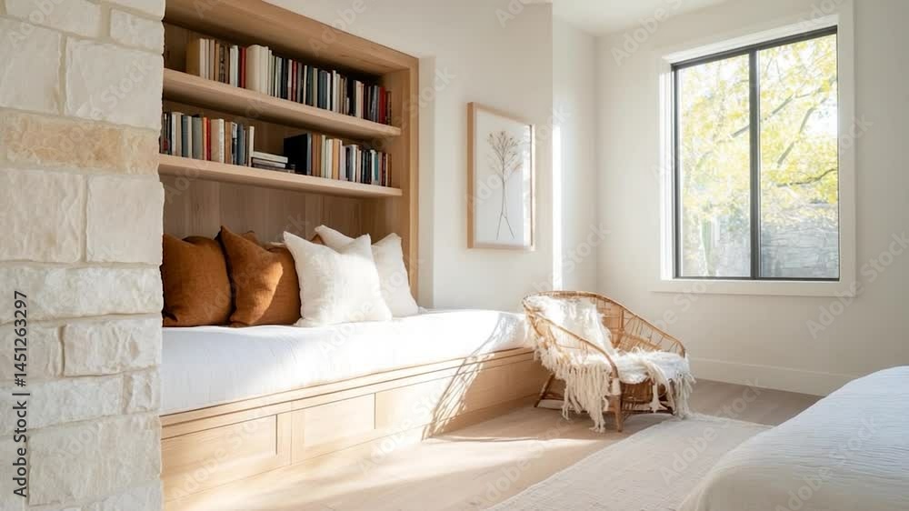Poster interior bedroom daylight scene with built-in bookshelves seating wicker chair and sunlight filterin