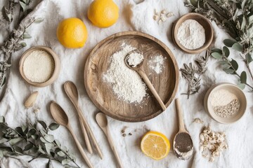 Fototapeta premium Flour, lemons, and spices on linen