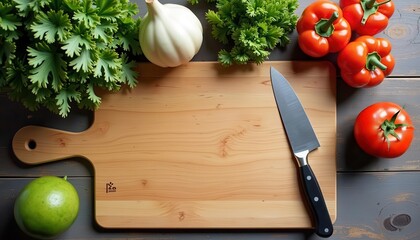 Fresh vegetables and herbs arranged on a wooden cutting board with a knife, perfect for cooking lovers, 3D render.