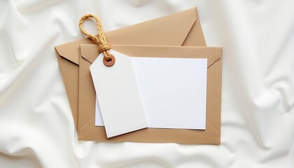 Flat lay of kraft envelopes with a blank tag and card on a soft white background, perfect for customizable greetings, 3D render.