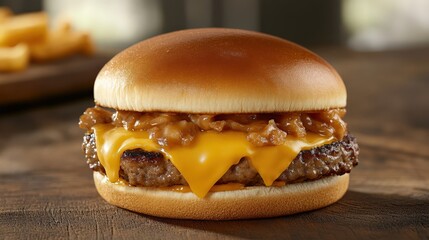 Mouthwatering cheeseburger with melted cheese and grilled onions on a toasted bun