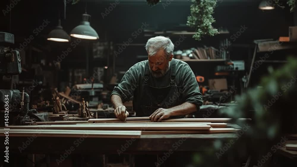 Aufkleber a man in a workshop focuses on woodworking. he is wearing work clothes. the scene is dimly lit with 
