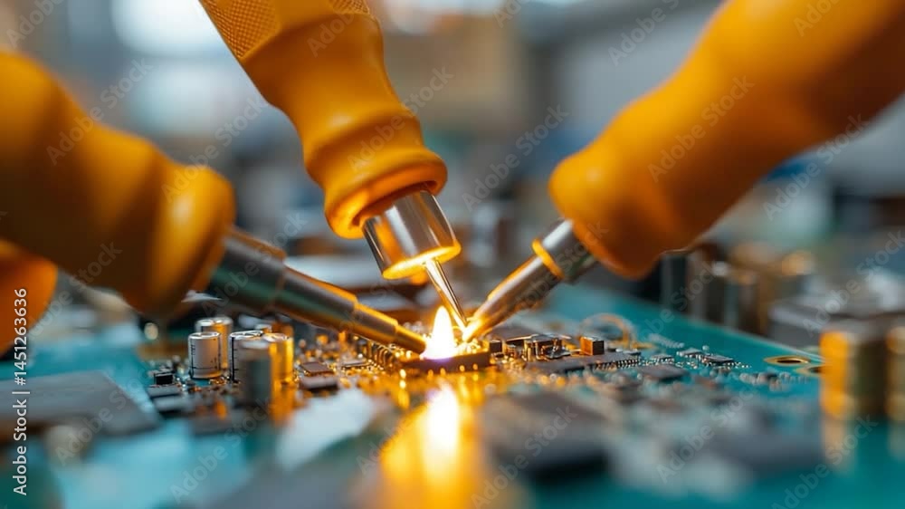 Poster Close-up view of electronic circuit board components with soldering irons engaged creating sparks and glowing heat within a technology-focused setup