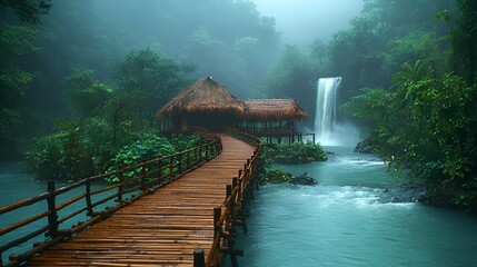 Wooden bridge leading to a hut by a misty waterfall.