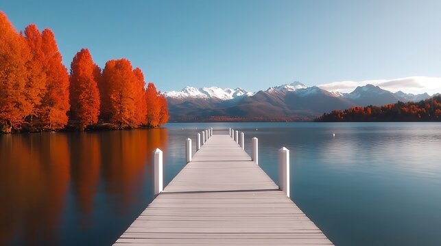 Wooden Pier on a Serene Lake with Autumn Trees and Snowy Mountains