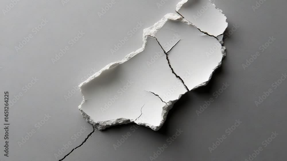 Poster Close-up of a cracked white plaster surface against a gray background displaying a texture of damage and structural weakness