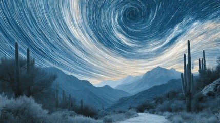 Captivating star trails swirling over a desert landscape with saguaro cacti