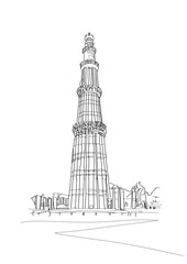 Qutub Minar Mehrauli Delhi India sketch. illustration