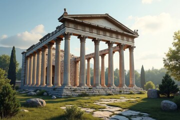 Fototapeta premium well-preserved ancient Roman temple with marble columns, surrounded by lush greenery under a clear sky, soft morning light, historical architecture stock imagery