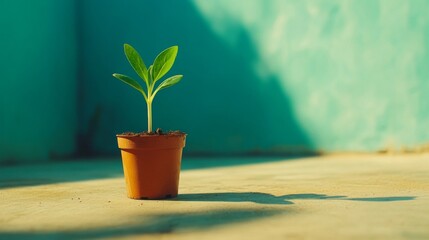 Small Green Plant Sprout in Terracotta Pot Against Teal Wall