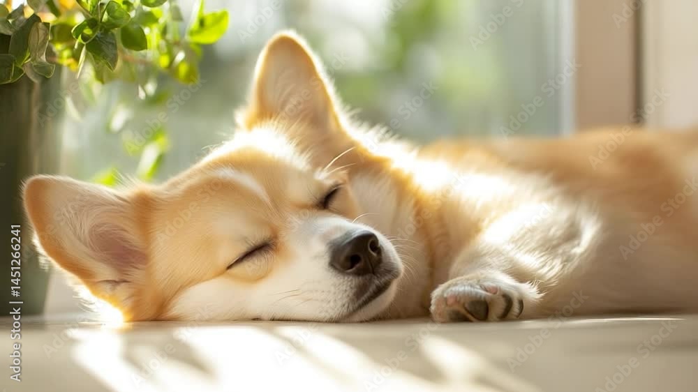Poster a relaxed dog lounges indoors near a window in soft light with a tranquil ambiance. the close-up cap