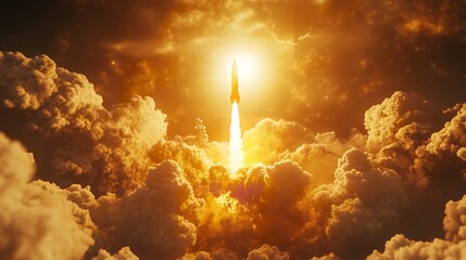 Golden Hour Rocket Launch Dramatic Cloudscape Space Flight sun sky fire power speed smoke sunset    