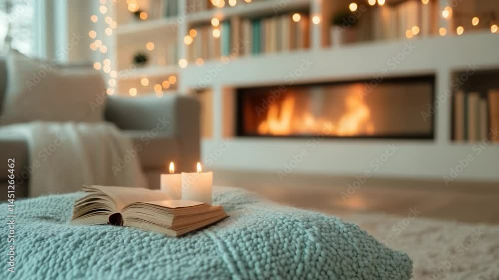 Poster Cozy living room scene with open book candles and a fireplace Warm lighting and soft textures create a comfortable ambiance Perfect for relaxation and reading