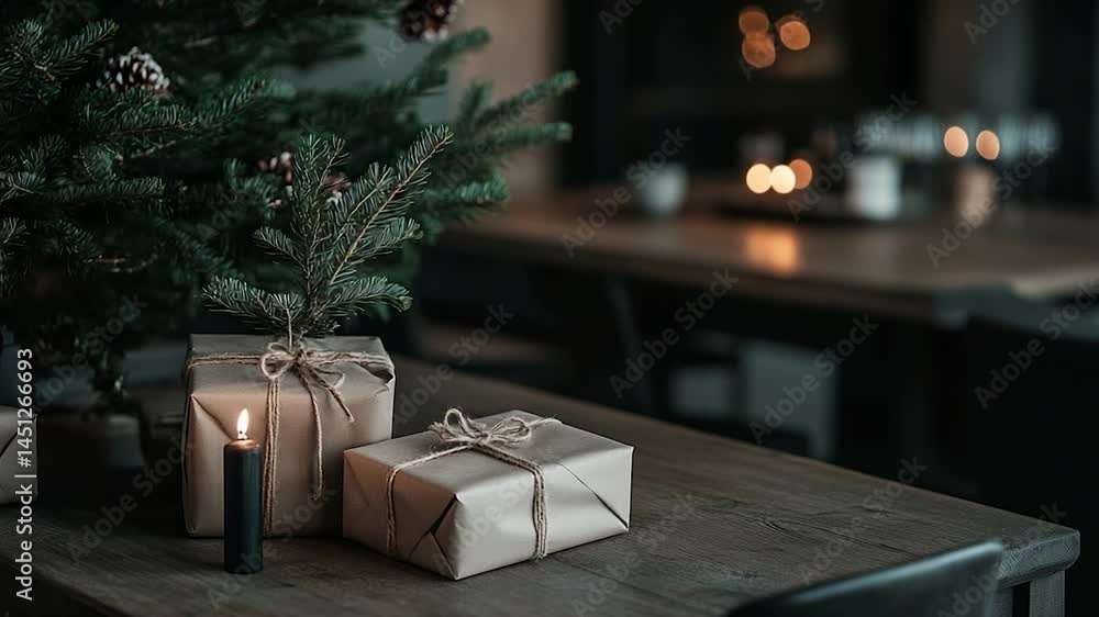 Poster holiday still life presents gifts wrapped in brown paper tied with twine a glowing candle and a mini