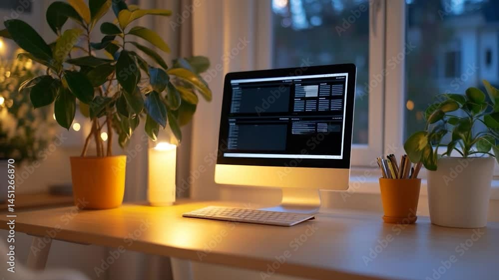Fototapete A home office setup with a computer desk features a desktop computer plants and candle near a window at night. The computer displays a coding interface
