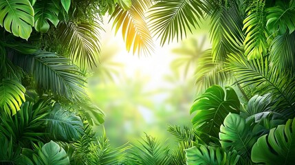 Bright summer sale banner with palm leaves and sun flare, white background 