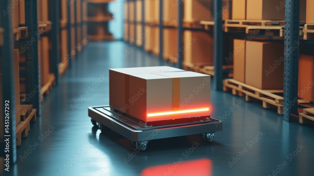 Poster automated delivery robot transporting a package in a modern warehouse filled with shelves