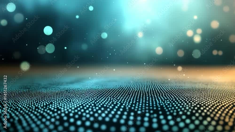 Poster Abstract digital landscape with flowing dots creating a wavy surface. Turquoise and yellow lights with bokeh and floating particles creating a dreamlike environment
