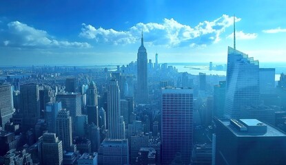 A breathtaking panoramic view of the iconic New York City skyline on a bright, sunny day, showcasing the majestic skyscrapers and stunning cityscape.
