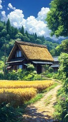 Obraz premium A thatched roof house surrounded by rice fields