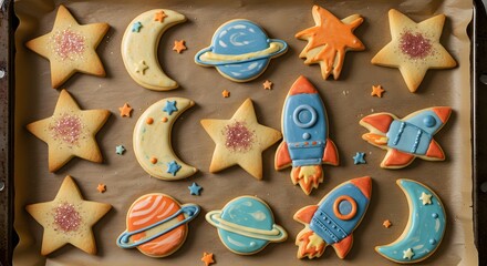 Space-Themed Decorated Cookies on Baking Sheet