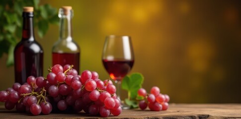 Fototapeta premium Ripe grapes and wine bottles on a wooden table, gourmet, wine cellar