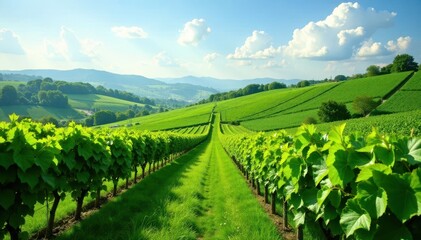 Naklejka premium Rolling hills of lush green vines stretch towards the horizon , vineyards , rolling hills