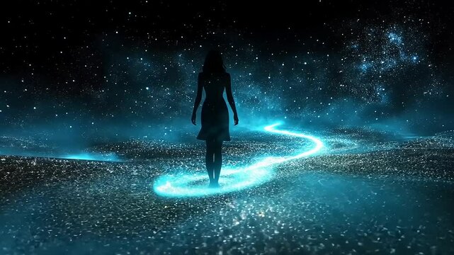 Woman walking cosmic path