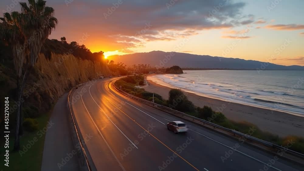 Poster aerial view of coastal highway during sunset vehicles moving along the road palm trees rocky cliffs 